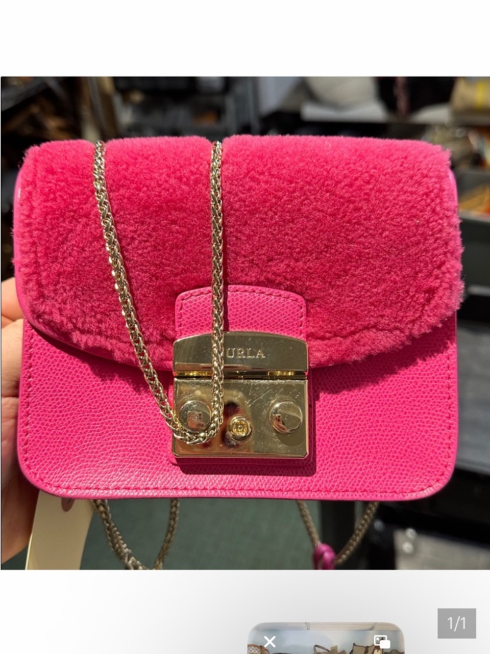 Furla Hot Pink Shearling-Trim Mini Crossbody With Key